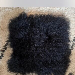 Black Curly Mongolian Sheepskin Throw Pillow